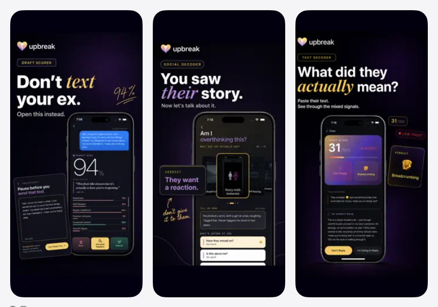 UpBreak App Store 宣传图，展示想联系前任时的草稿评分、消息解读和不联系记录