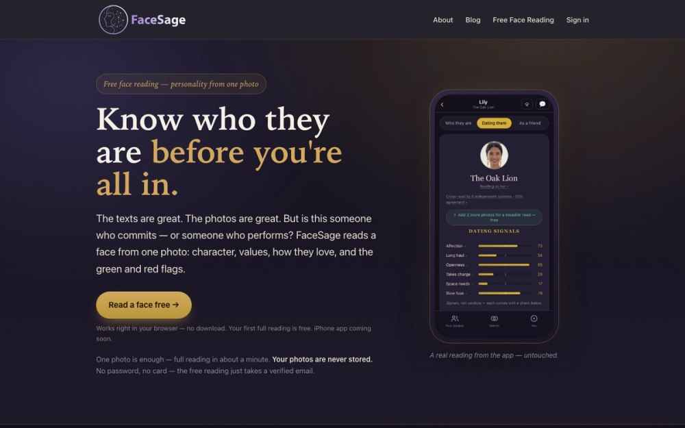 FaceSage homepage showing its free AI face reading, privacy promise, and a real dating-signals reading