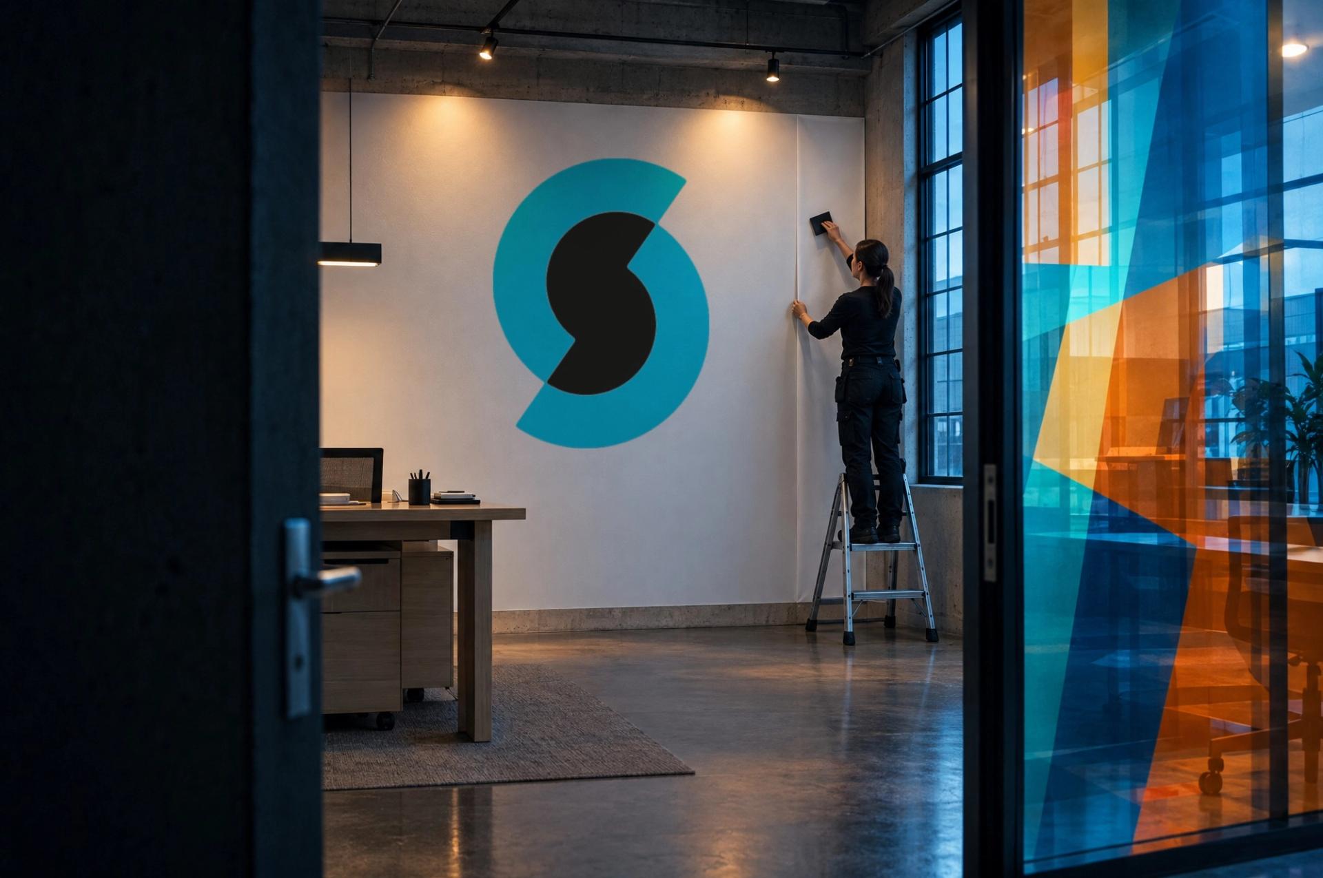 Montering av tapet med Synkron-logoen, fargerik folie på glassvegg