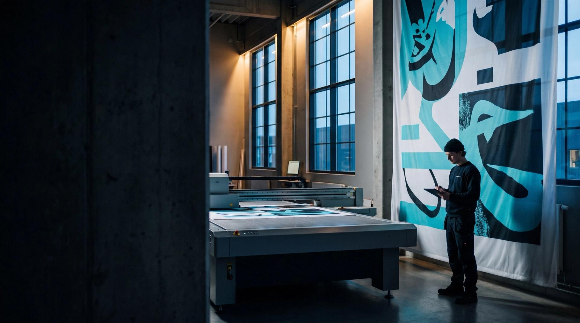Produksjonshall i blå time: en medarbeider ved en storformatprinter foran et cyan banner