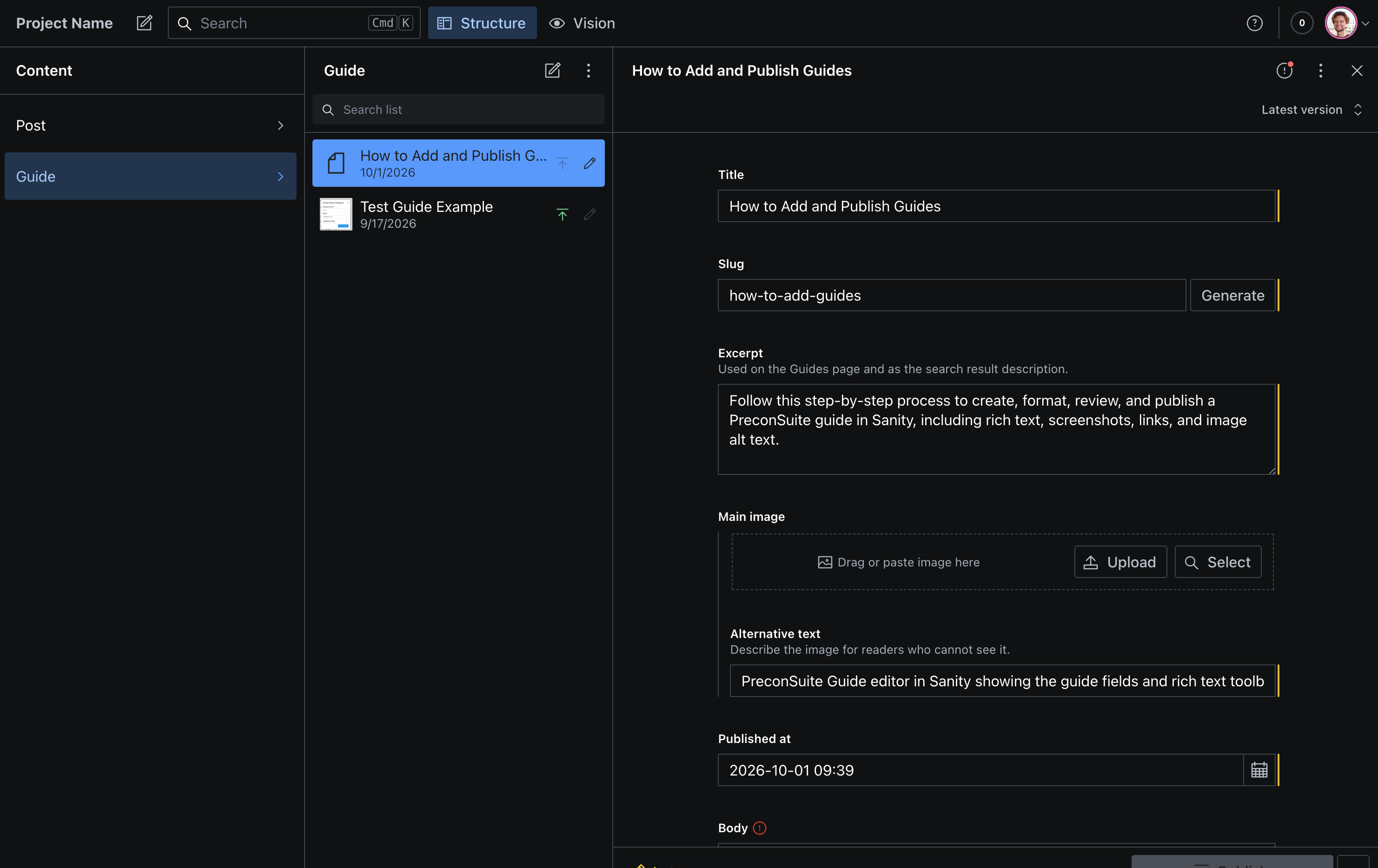 PreconSuite Guide editor in Sanity showing the guide fields and rich text toolbar.