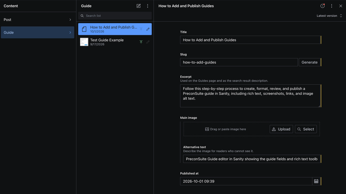 PreconSuite Guide editor in Sanity showing the guide fields and rich text toolbar.