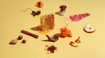 Bilde som viser aromaer i hvitvin, som krydder, nøtter, honning, spekeskinke og tørket frukt.