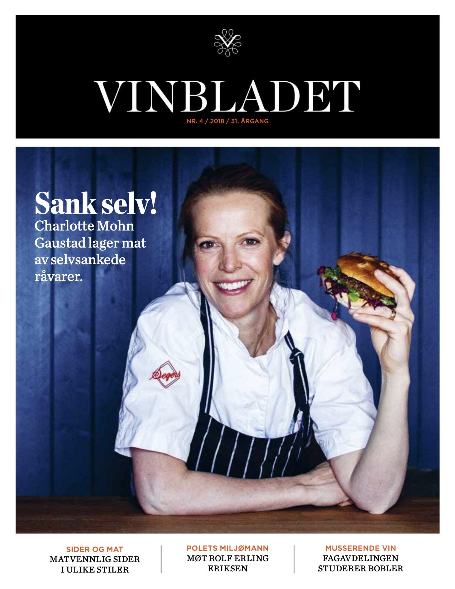 Magasinforside med portrett av dame med hamburger i hånden.