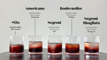 Ferdigblandet cocktailer som er ulike varianter av negroni.