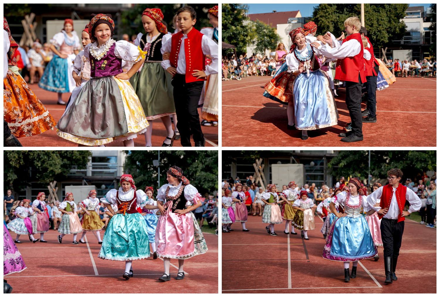 Krojované děti z Hrušovan u Brna na hodech – čtyři záběry na kyjovský kroj