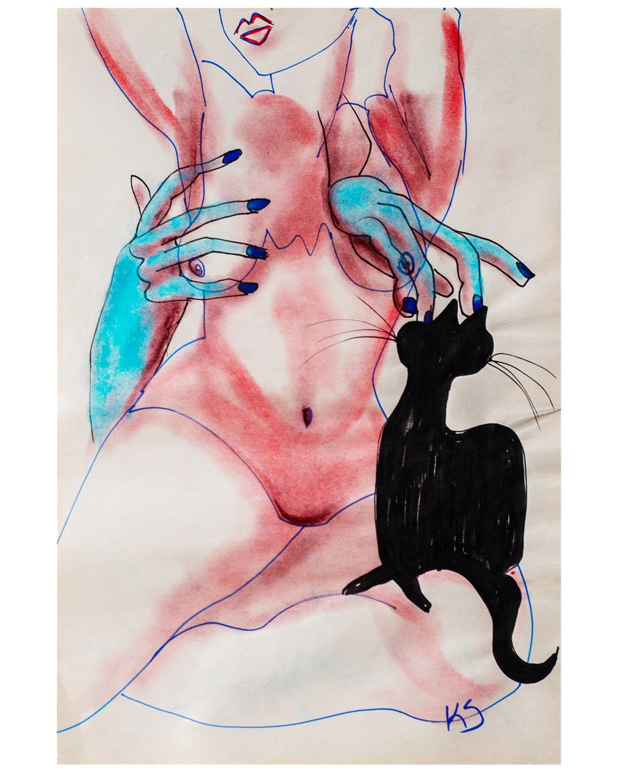 Purr l - Ballpoint, conte & pastel on paper, 2025, 21 x 30 cm