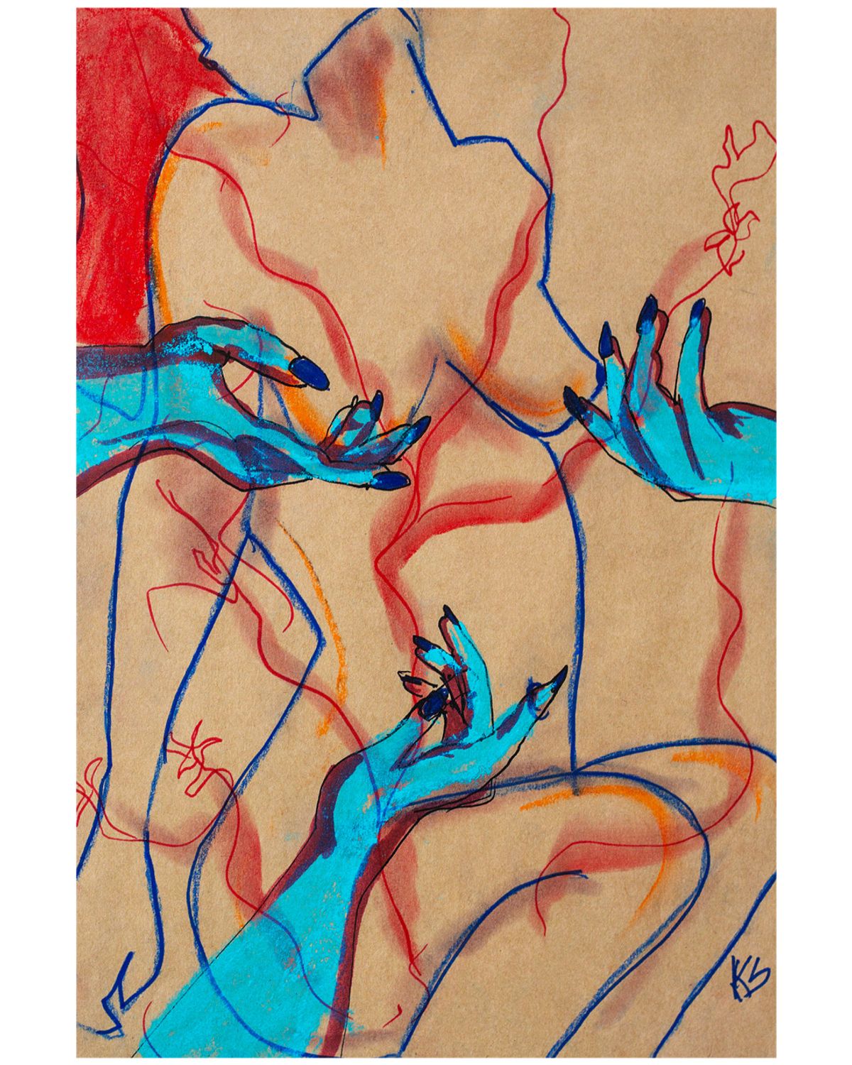 worlds through fingers - Ballpoint, conte & pastel on paper, 2025, 21 x 30 cm