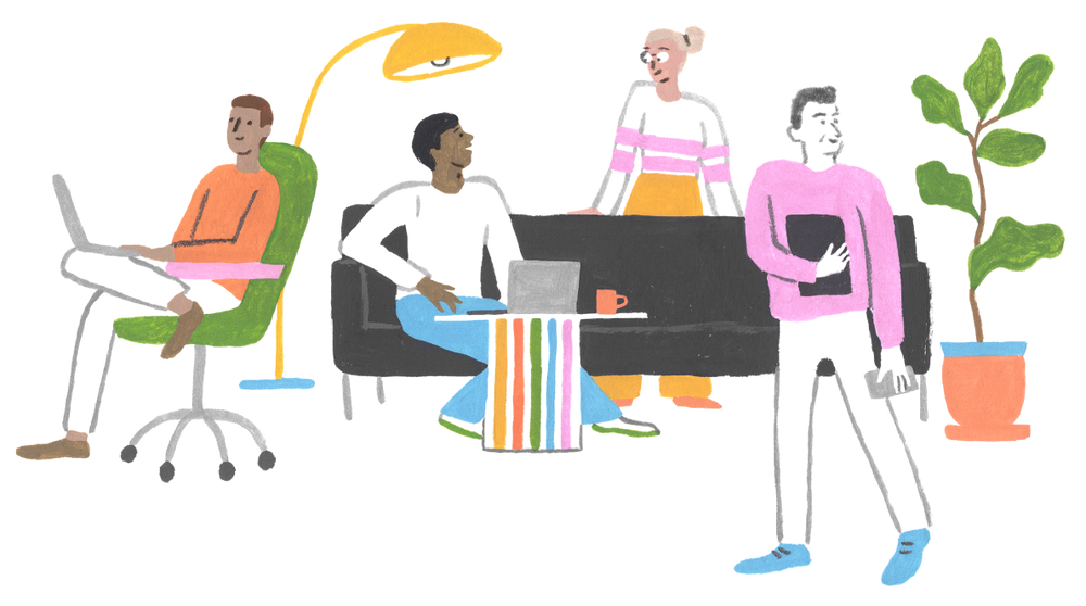 An illustration of employees in an office sitting at desks and on couches, with a lamp and potted plant in the background