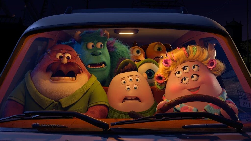 Mike, Sulley and their friends crowded into Ms. Squibbles’s car in Monsters University