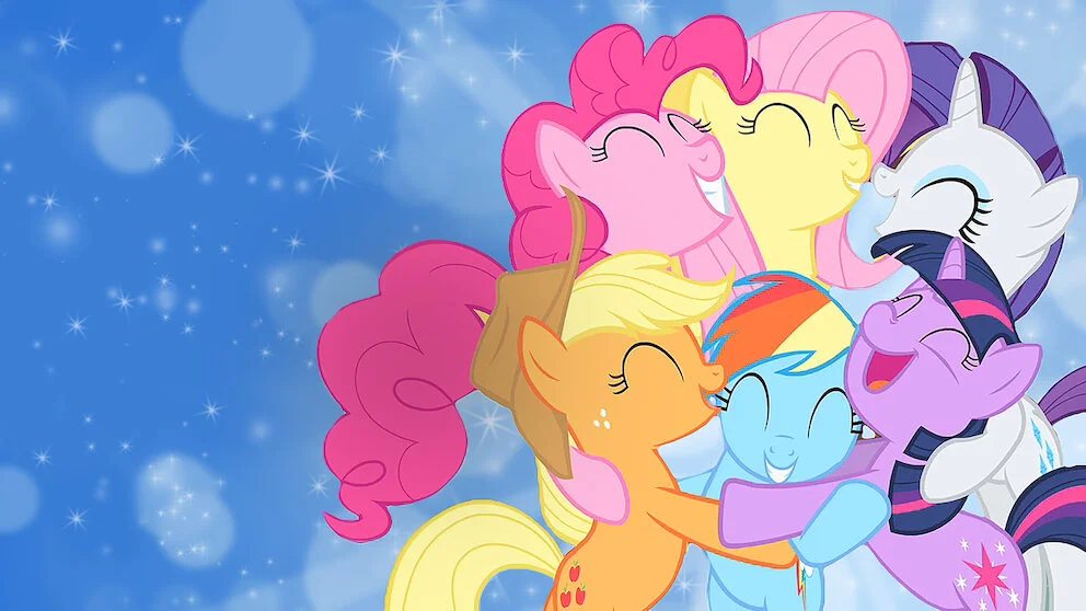 Pinkie Pie, Fluttershy, Rarity, Applejack, Rainbow Dash and Twilight Sparkle close their eyes and hug against a blue sparkling background.