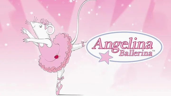 Hand-drawn Angelina balances in a pink tutu, extending her arms and one leg; the Angelina Ballerina logo sits at right on a pink sparkling background.