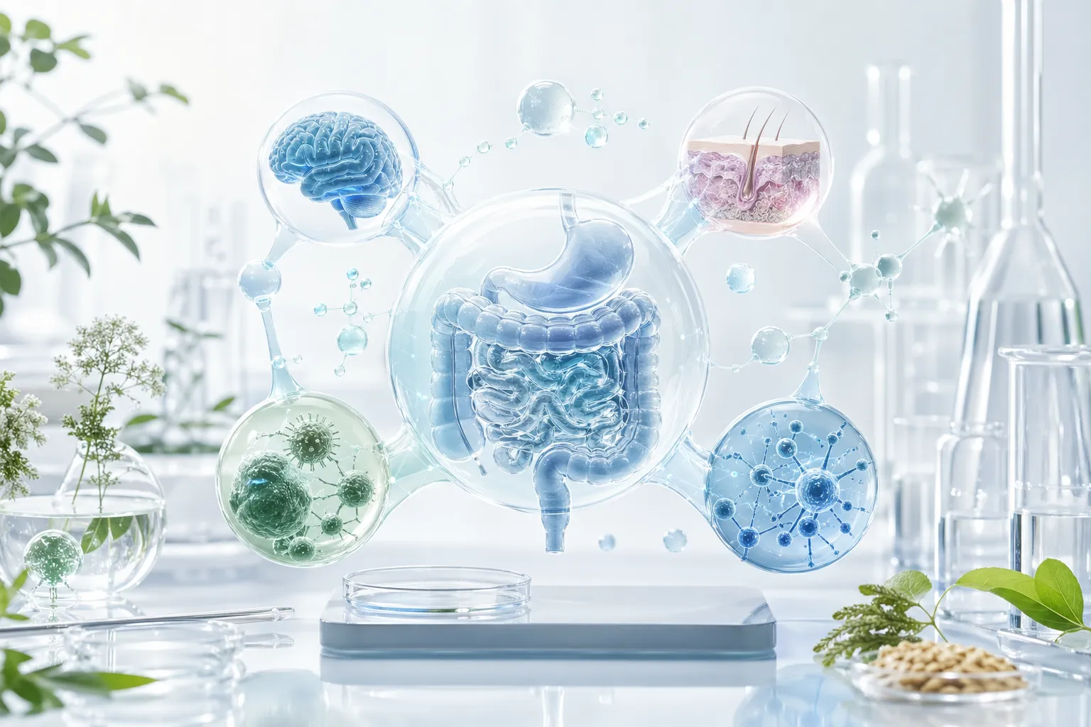 Abstract microbiome network representing gut, skin, immune, and brain axis connections