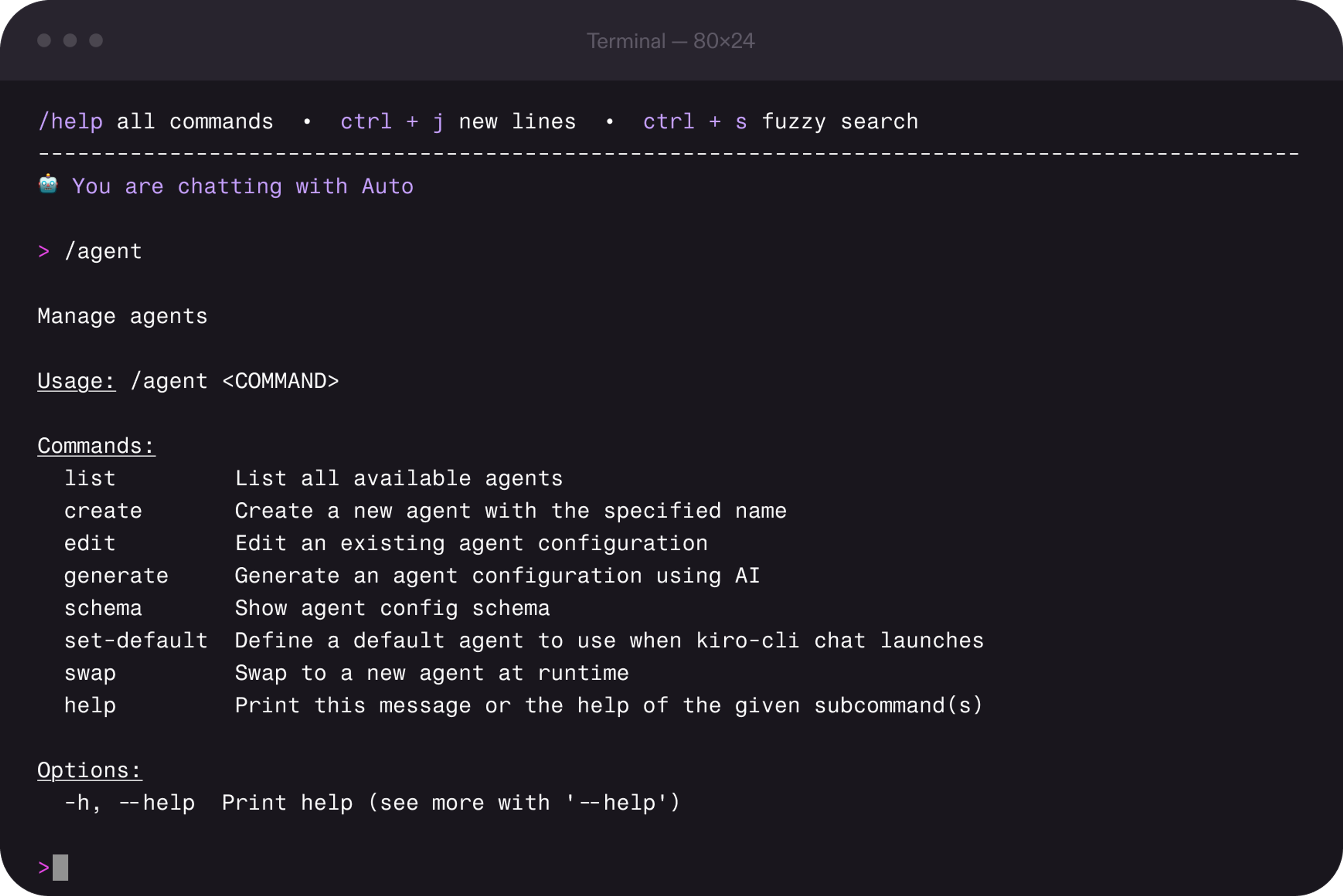 A screenshot of the Kiro CLI agent management interface