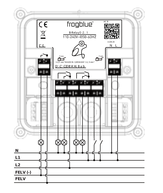 Exemple de raccordement : frogBoxRelay5-2 (B-Relay5-2.1) avec lignes N, L1, L2, FELV (-) et FELV (+), lampes et moteur de store sur les bornes de sortie D′/C′/C/D/B′/A′/A/B et touches sur les entrées a/b