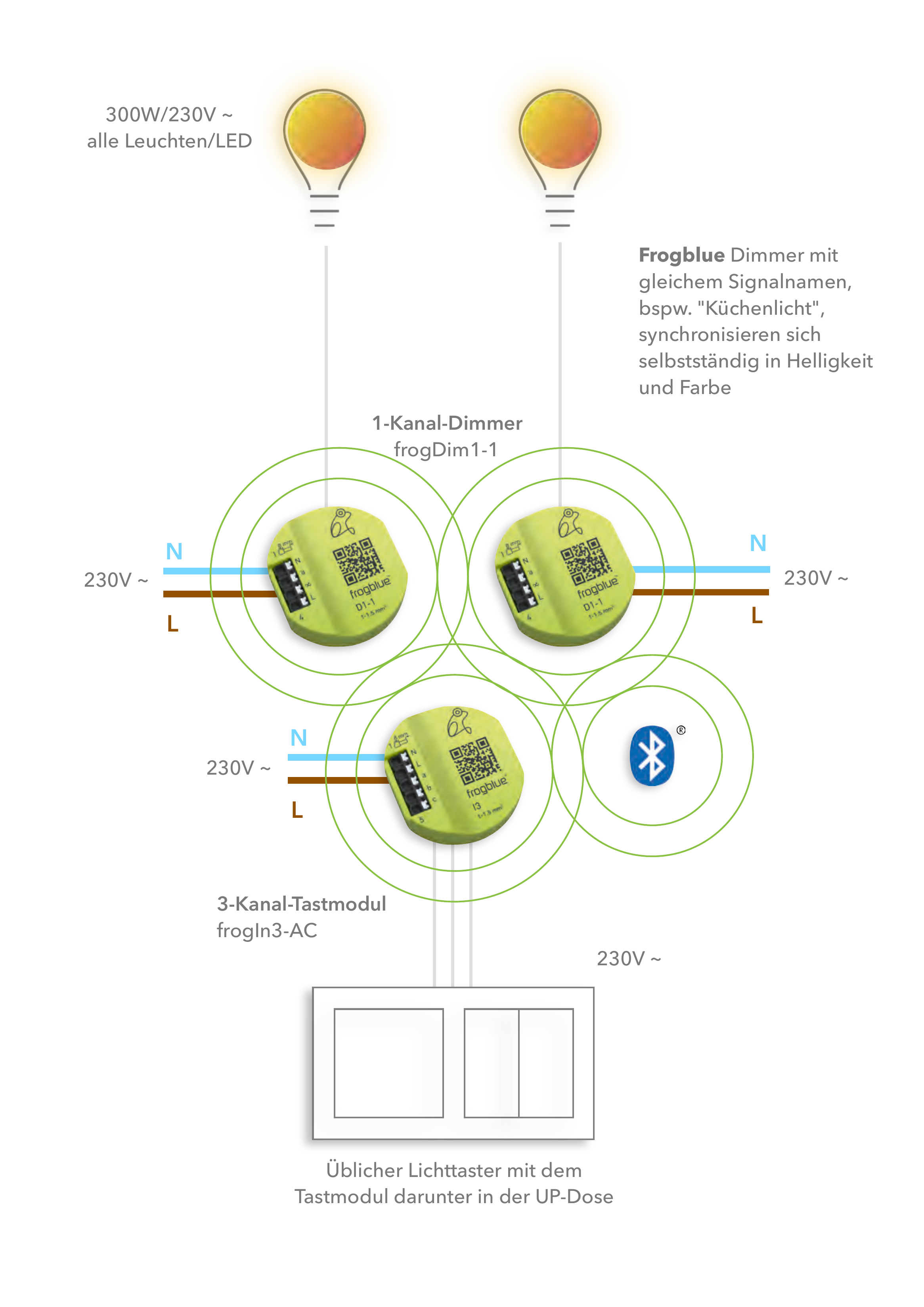 Schema: zwei 1-Kanal-Dimmer frogDim1-1 (300W/230V ~, alle Leuchten/LED) und ein 3-Kanal-Tastmodul frogIn3-AC mit üblichem Lichttaster in der UP-Dose