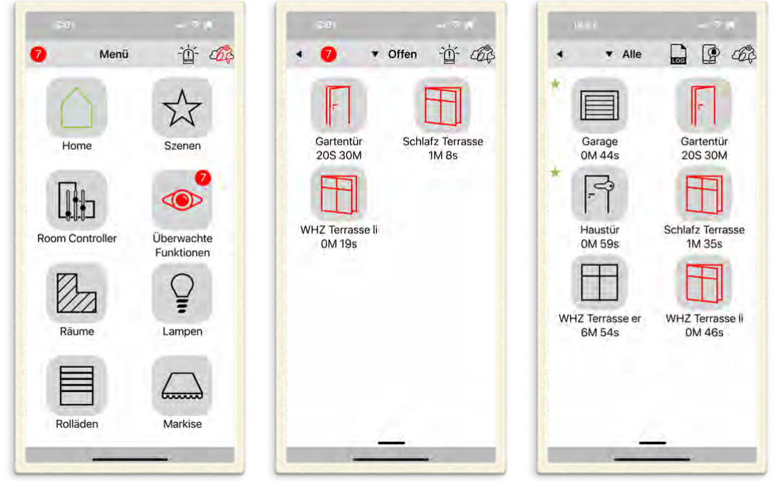 App-Ansichten: Menü mit überwachten Funktionen, offene Fenster und Türen je Raum mit Öffnungsdauer