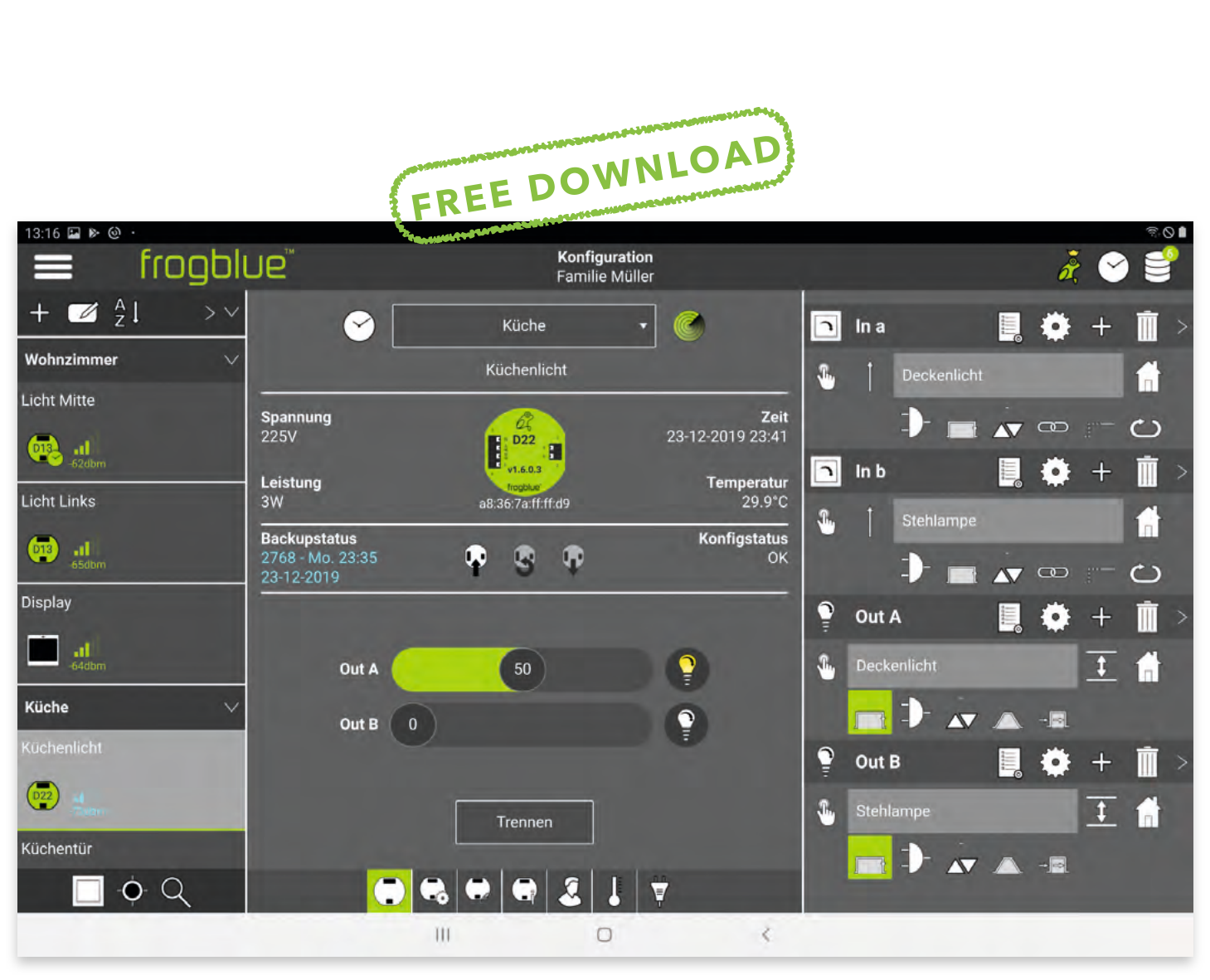 frogblue ProjectApp (kostenloser Download) konfiguriert einen 2-Kanal-Dimmer frogDim2-2 im Raum „Küche“