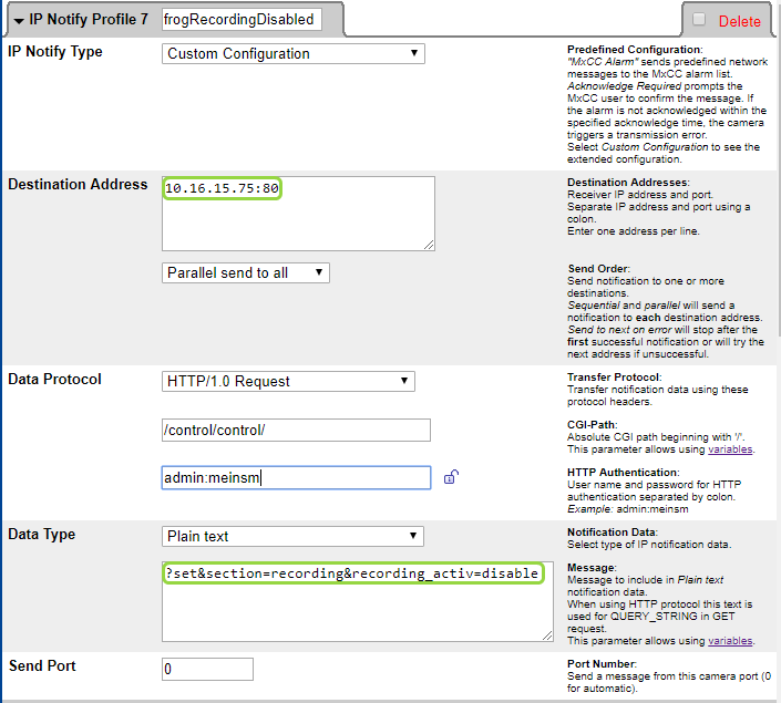 Network message frogRecordingDisabled — transfer profile