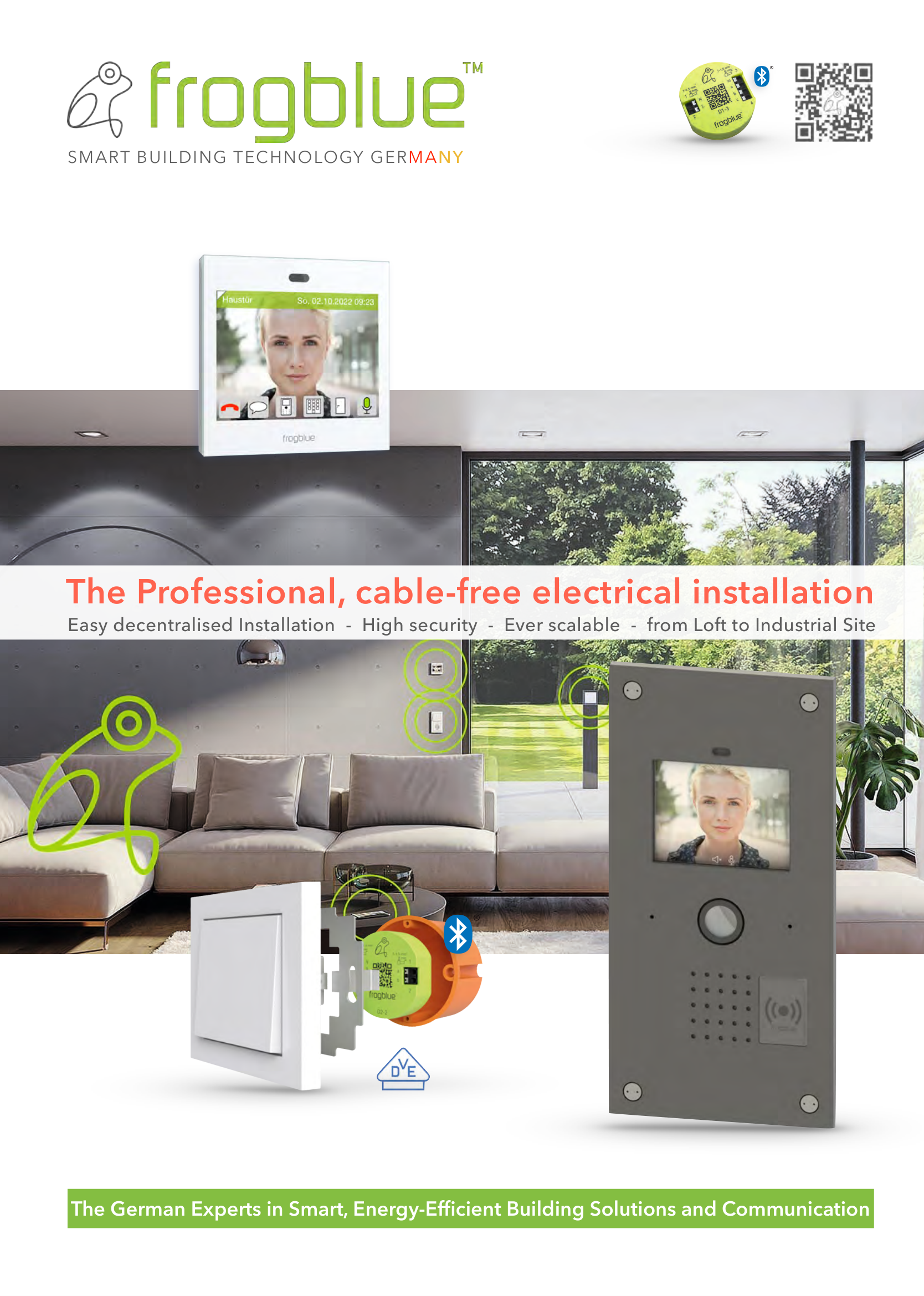 Cover: frogblue Smart Building Technology Germany — wall display, frog module behind a standard light switch and frogTerminal video door station in a modern living room