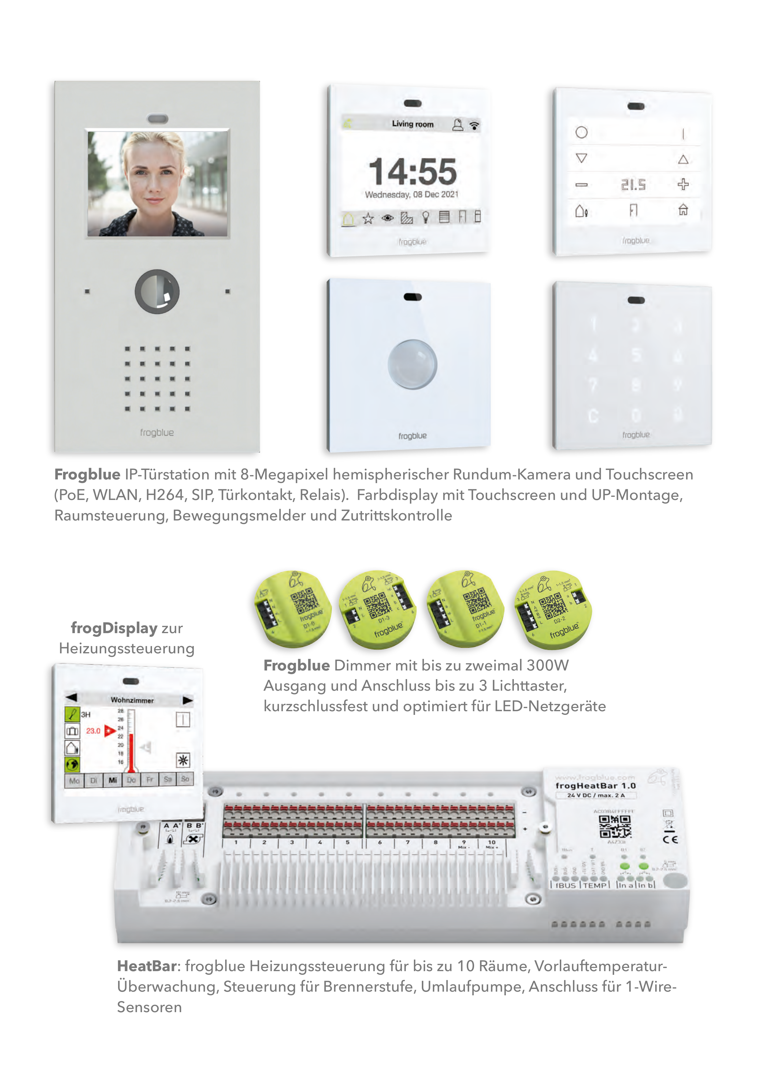frogblue Produktbeispiele: IP-Türstation mit Touchscreen, frogDisplay zur Heizungssteuerung, frogblue Dimmer und HeatBar Heizungssteuerung
