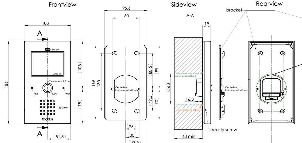Dimension drawing: Frontview (186 x 103 mm), flush-mounted box hole pattern, Sideview A-A (box depth 63 mm min.) and Rearview with bracket and security screw
