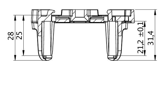 Dimension drawing, side view: heights 28, 25, 21,2 ±0,1 and 31,4 mm
