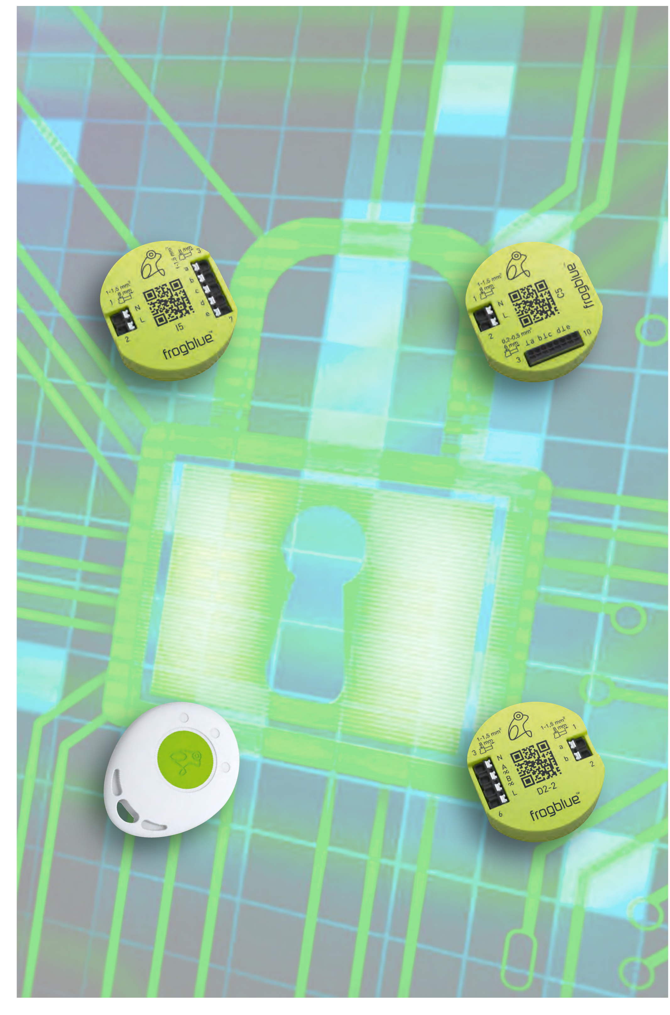 frogblue Module und frogKey um ein Vorhängeschloss auf Platinen-Hintergrund — Sinnbild für die hoch verschlüsselte Kommunikation