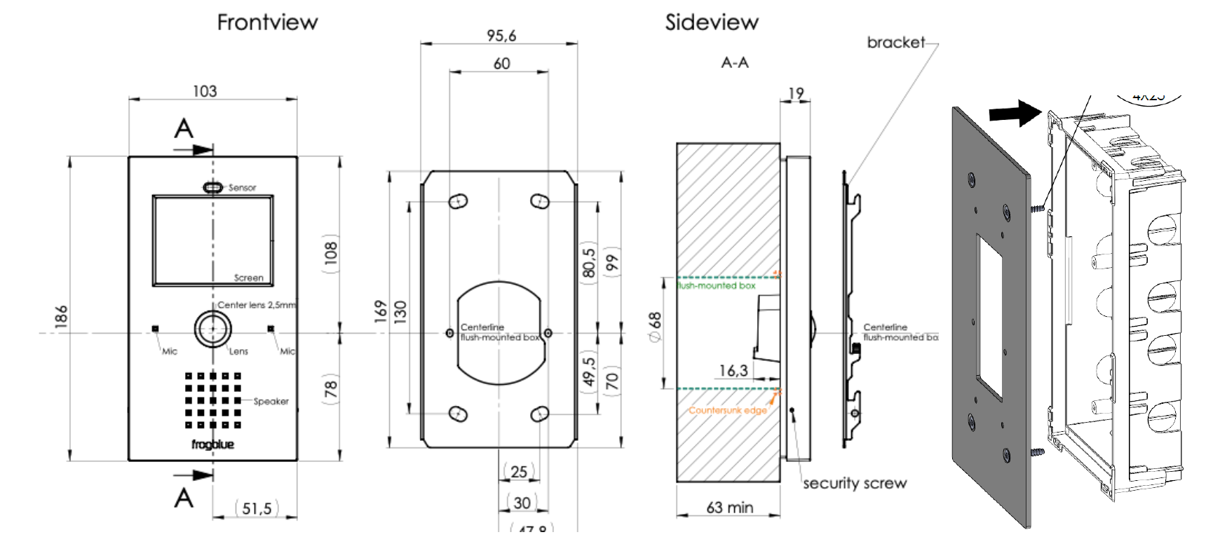 Dimension drawing: Frontview (186 x 103 mm), flush-mounted box hole pattern (95,6 x 169 mm), Sideview A-A (box depth 63 mm min., Ø 68) and frogPlate mounting with flush-mounted box — Mounting type: surface-mounted, Mounting type: frogPlate