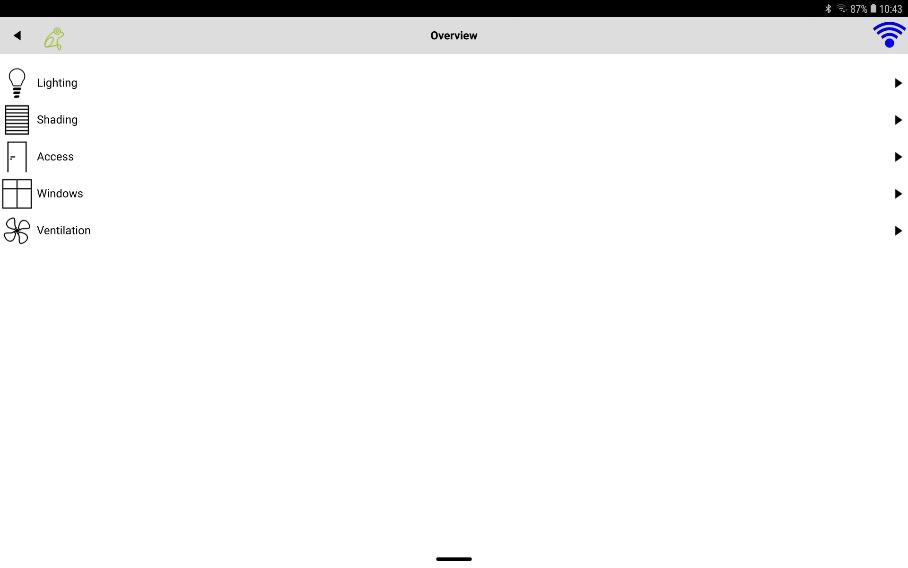 Overview screen for Android and iOS devices, with title bar and overview of configured functions