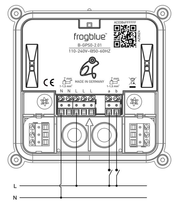 Connection example: B-GPS0-2.01 (110-240 V~ @ 50-60 Hz) with mains terminals N/N/L/L/L and inputs a/b switched from L