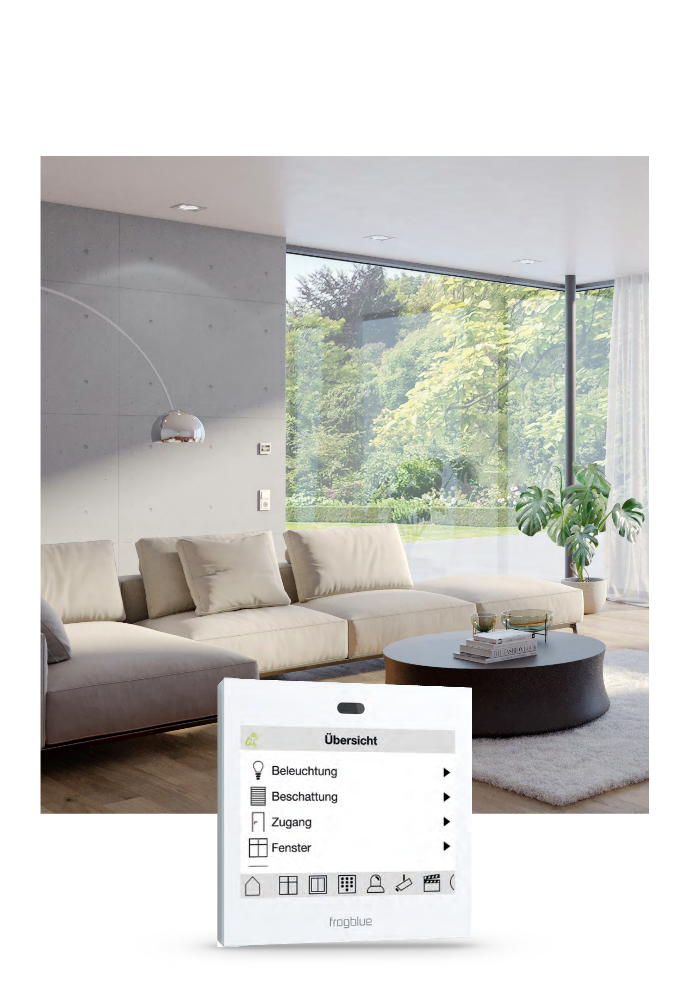 frogblue wall display with overview menu in a modern living room