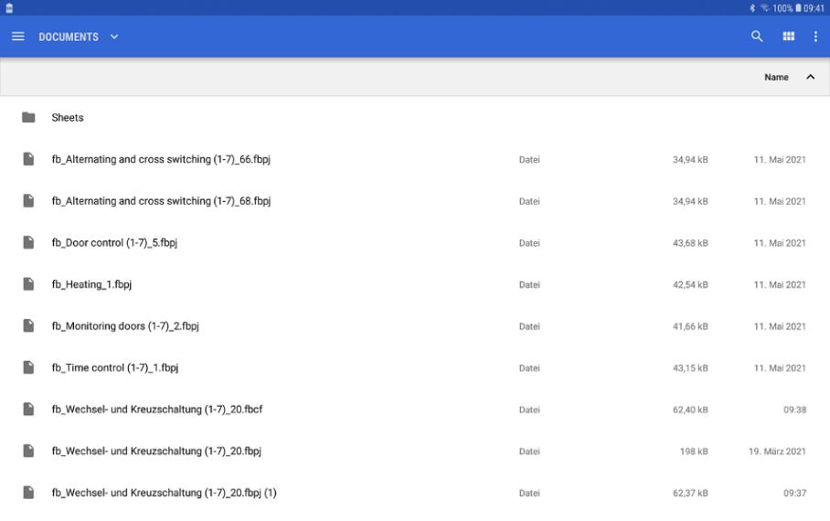 Screen for selecting a project
