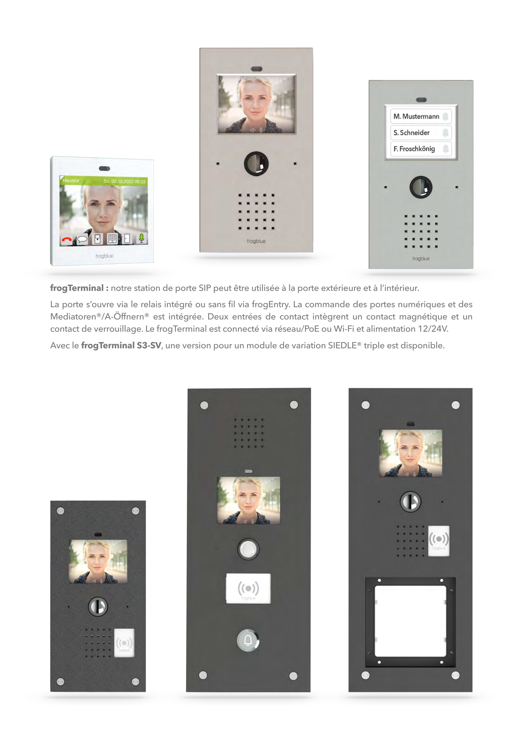 Variantes du frogTerminal : station de porte SIP en différentes finitions, avec écran de noms, lecteur RFID et module de variation SIEDLE®