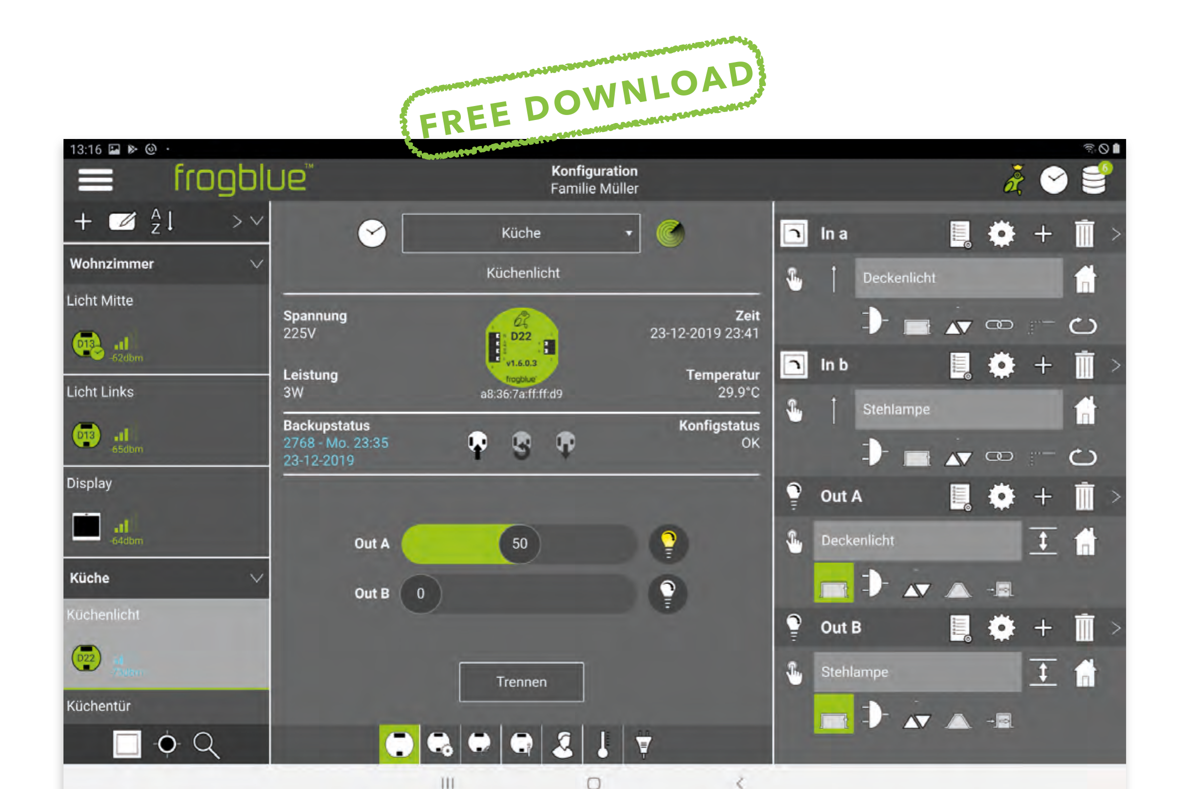 frogblue ProjectApp (free download) configuring a 2-channel dimmer frogDim2-2 in the room "Kitchen"