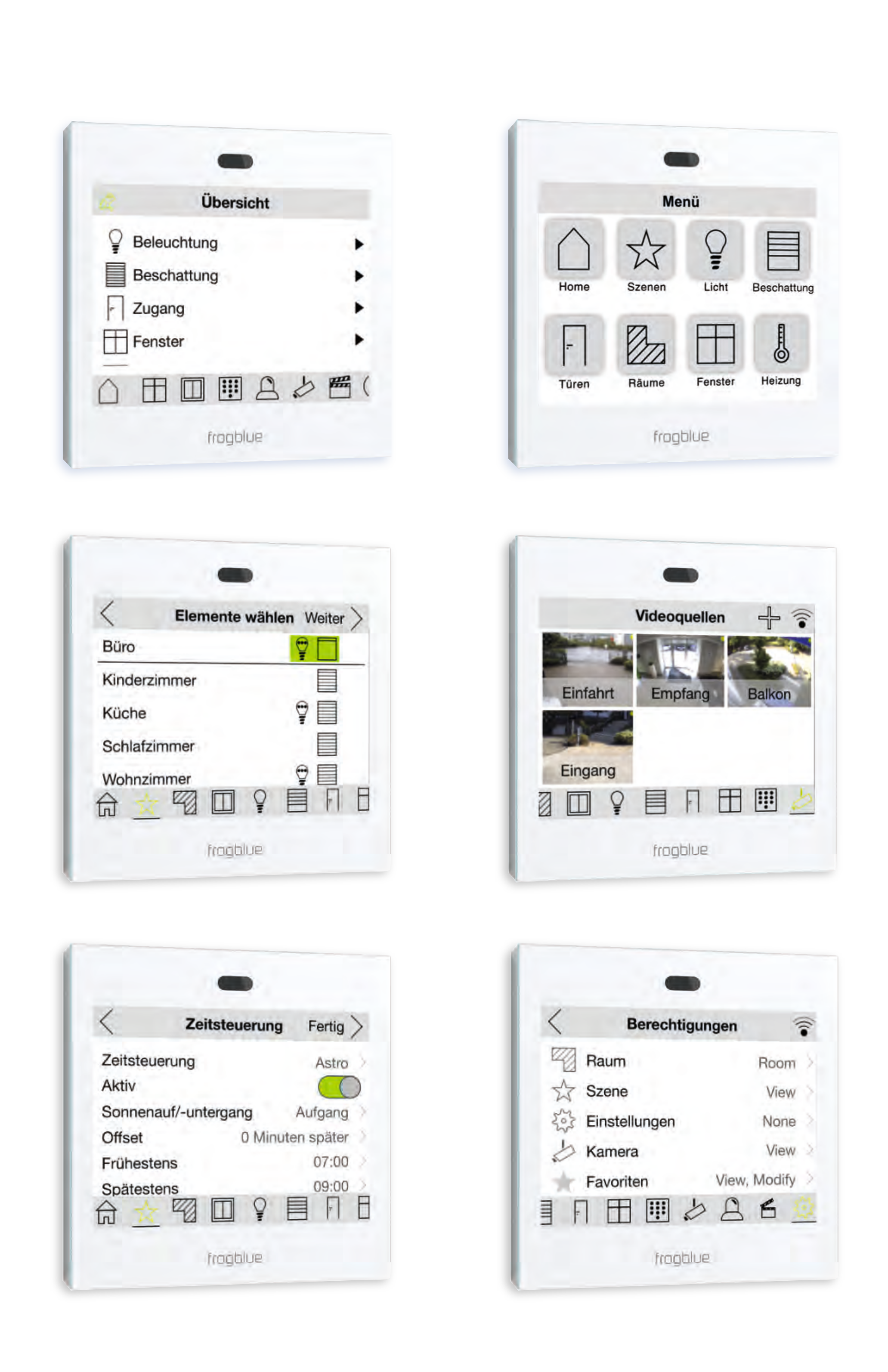 Six frogblue wall display screens: overview, menu, element selection, video sources, time control and permissions