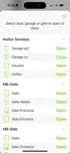 frogSIP door, garage and gate control screen with open/close actions