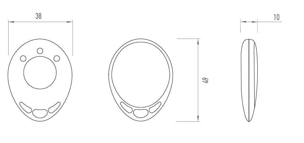 Maßzeichnung frogRFID: 38 mm Breite, 49 mm Höhe, 10 mm Tiefe