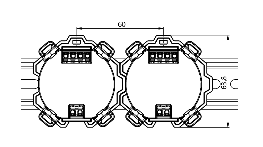 Mounting example: two frogClips side by side on a top-hat rail, 60 mm spacing, 63,8 mm height