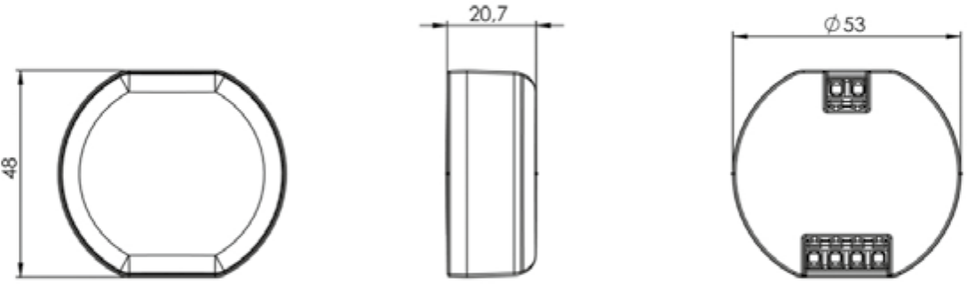 Dessin coté : hauteur 48 mm, profondeur 20,7 mm, diamètre Ø 53 mm