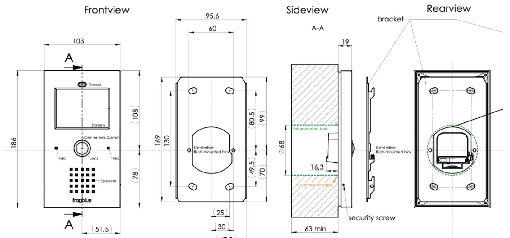 Dimension drawing: Frontview (186 x 103 mm), flush-mounted box hole pattern (95,6 x 169 mm), Sideview A-A (box depth 63 mm min., Ø 68) and Rearview with bracket and security screw