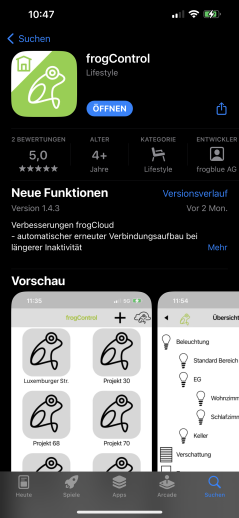 frogControl app in the Apple App Store