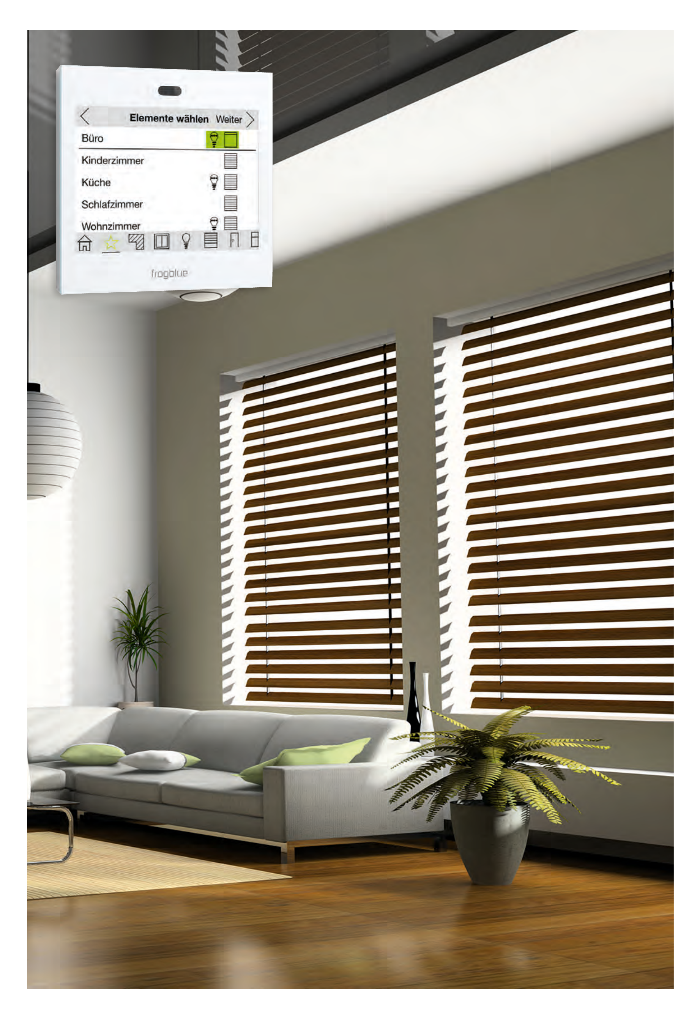 Living room with venetian blinds controlled from the frogblue wall display