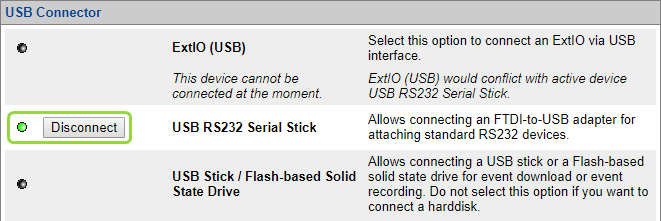 USB Connector — connection successful, Disconnect available