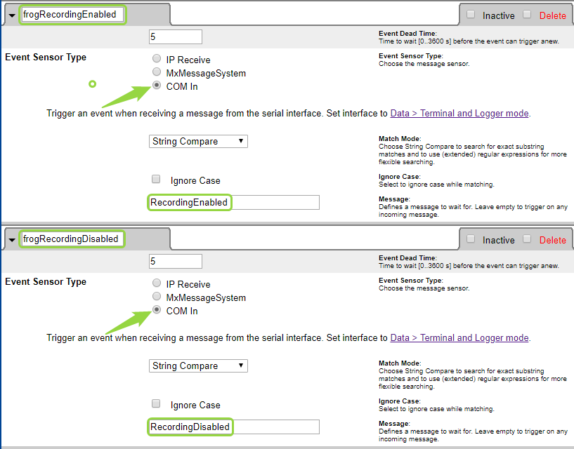 Message events frogRecordingEnabled / frogRecordingDisabled — Event Sensor Type COM In, String Compare