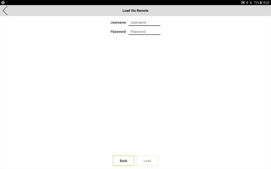 Screen for entering the username and the project password