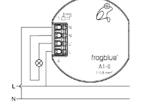 Exemple de raccordement : bornes N/N/L’/L, lampe entre L’ et N, alimentation L/N