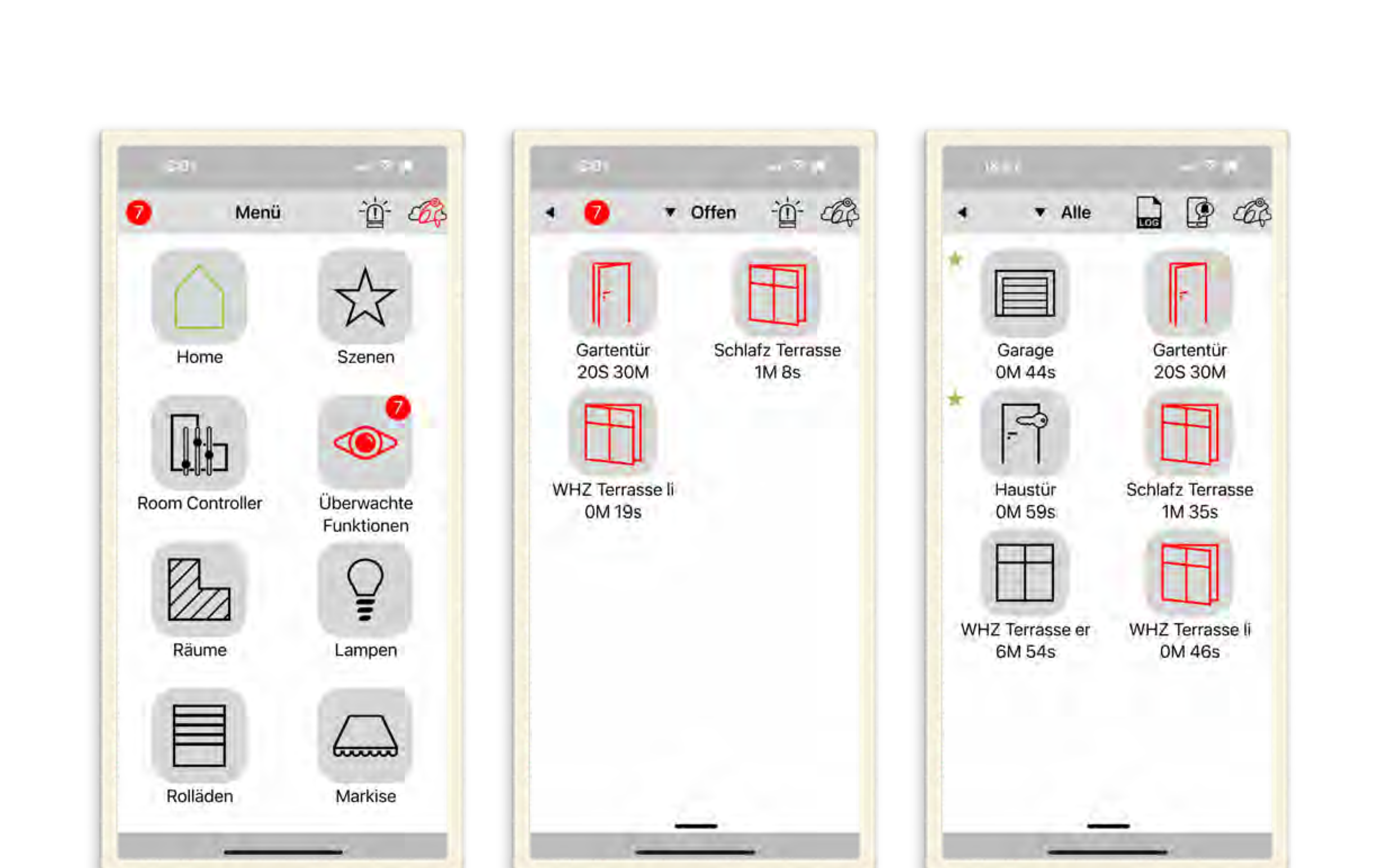 App screens: menu with watched functions, open windows and doors per room with open duration