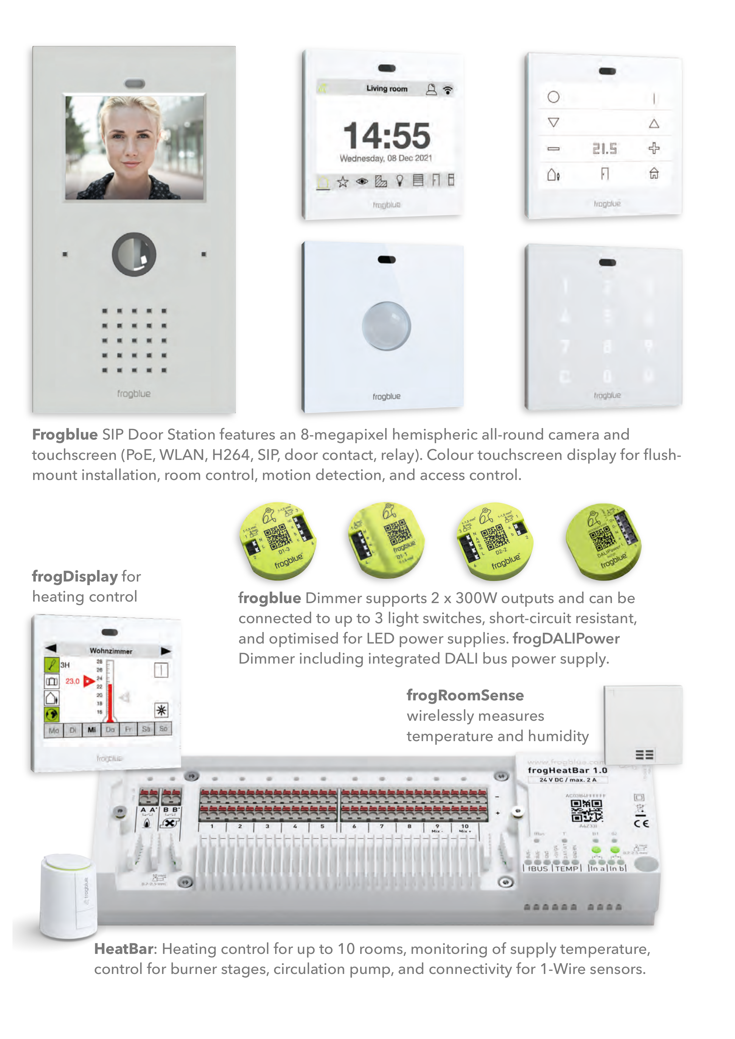 frogblue product range: SIP Door Station, frogDisplay, cubes, frog modules, frogRoomSense and HeatBar