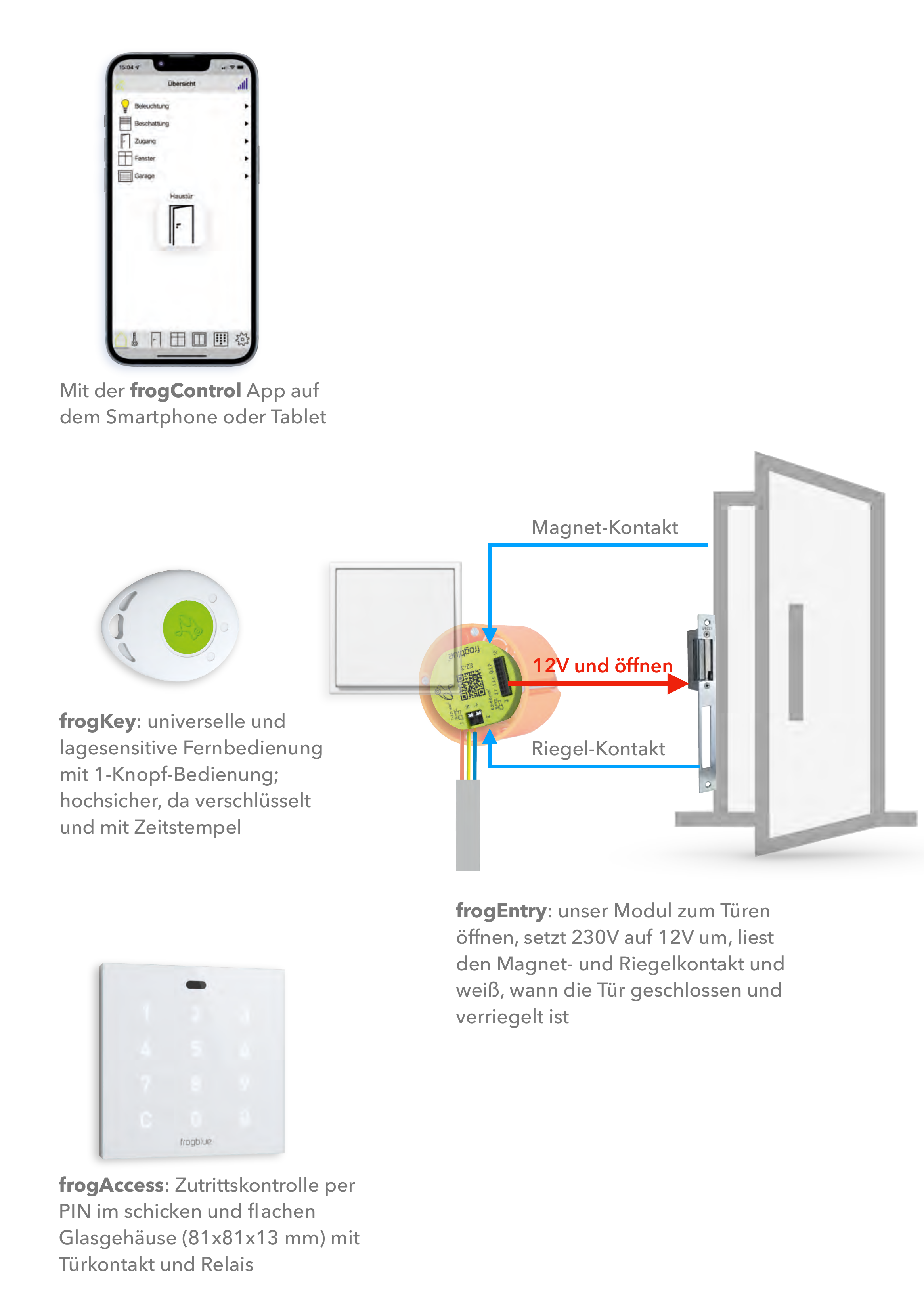 Türsteuerung: frogControl App, frogKey, frogEntry-Modul an der Tür mit Magnet- und Riegelkontakt (12V und öffnen) sowie frogAccess Zutrittskontrolle
